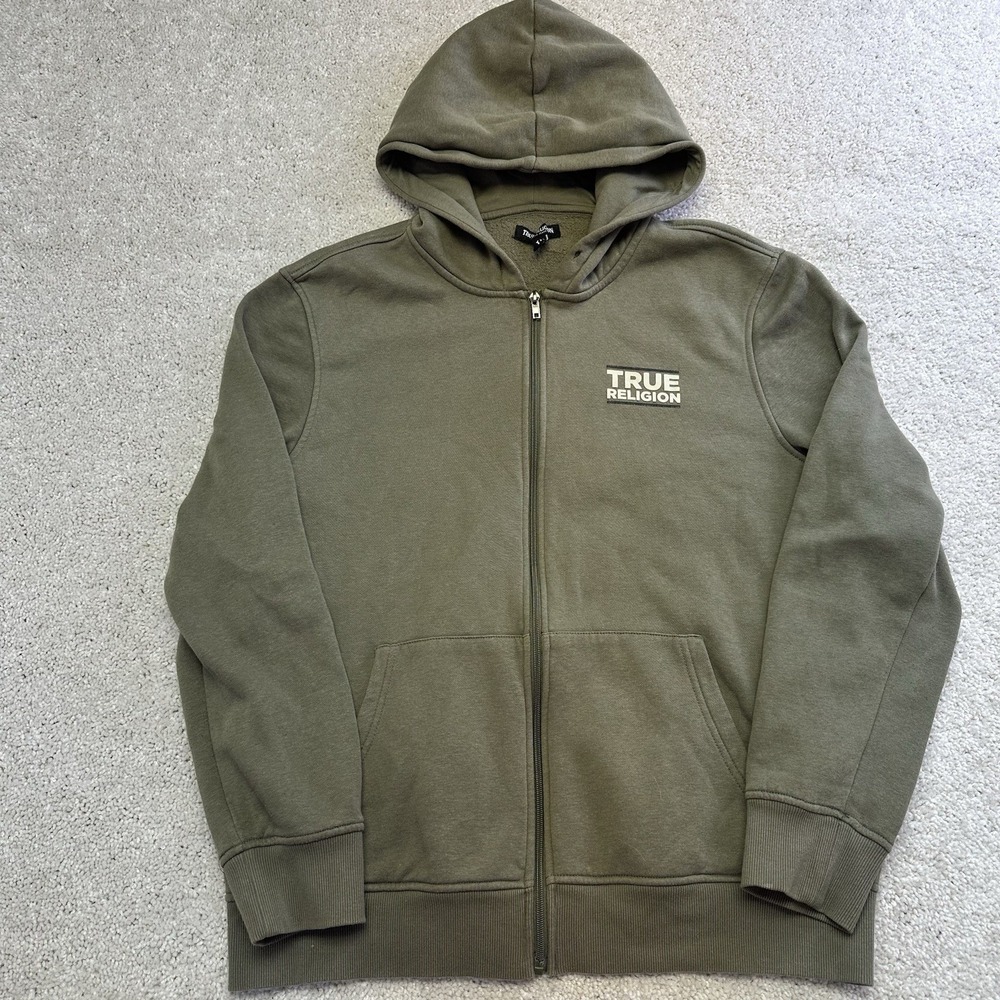 True Religion Men's Green Fleece Full Zip Hoodie Graphic Print Size Large